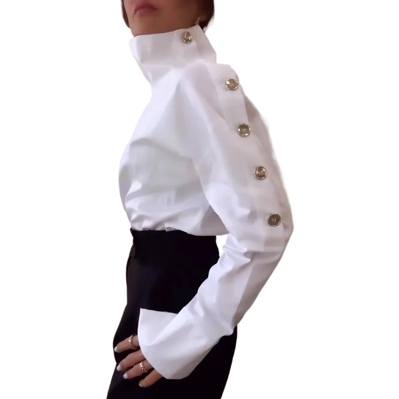 

New Cross-border European and American Temperament Celebrity High-neck Metal Buckle Off-the-shoulder Shirt Top Women's Clothing