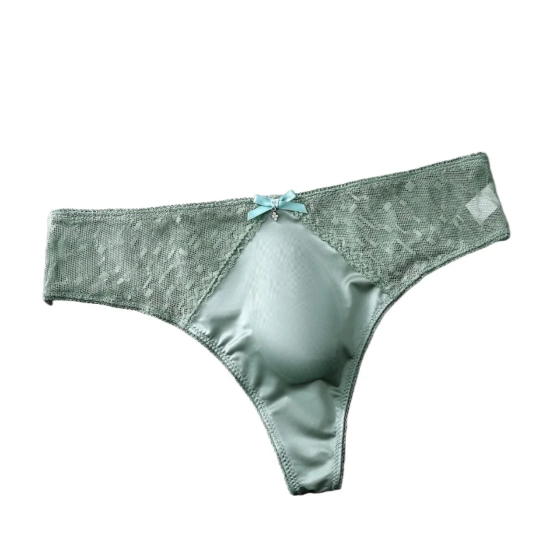 Men's Sexy Panties Lace Sheer G String Thongs Ice Silk Bow Mesh Briefs U Convex Pouch Underwear See Through Sissy Lingerie