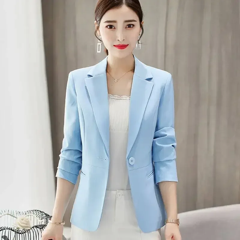 Business Casual Notched Blazer Women's Jacket Elegant Cardigans Button Coats Solid Veste Femme Work Tops Slim Office Lady Suits