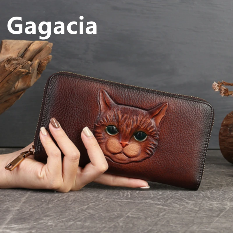 

GAGACIA Cowhide Handmade Embossed Woman Card Holder Retro Women's Wallet Long Genuine Leather Wallets Women Purses For Ladies