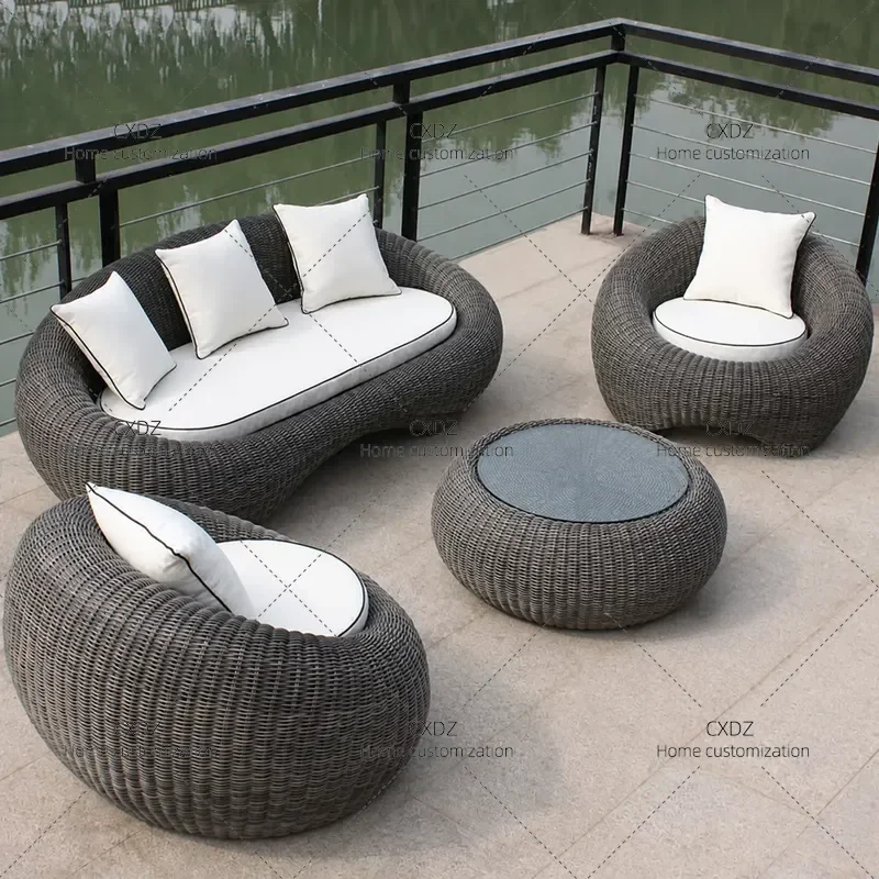 Outdoor Rattan Furniture Set Waterproof Round Chair Sofa Coffee Table Combo for Balcony Terrace Hotel Patio Casual Lounge