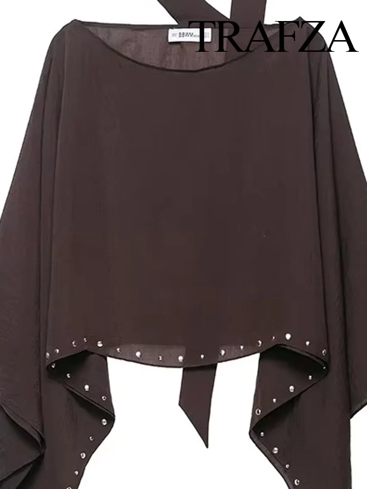 

TRAFZA Women Summer Chic Loose Pullover Blouses Solid Scarf Collar Rivet Decoration Female New Fashion Long Sleeves Tops Trendy