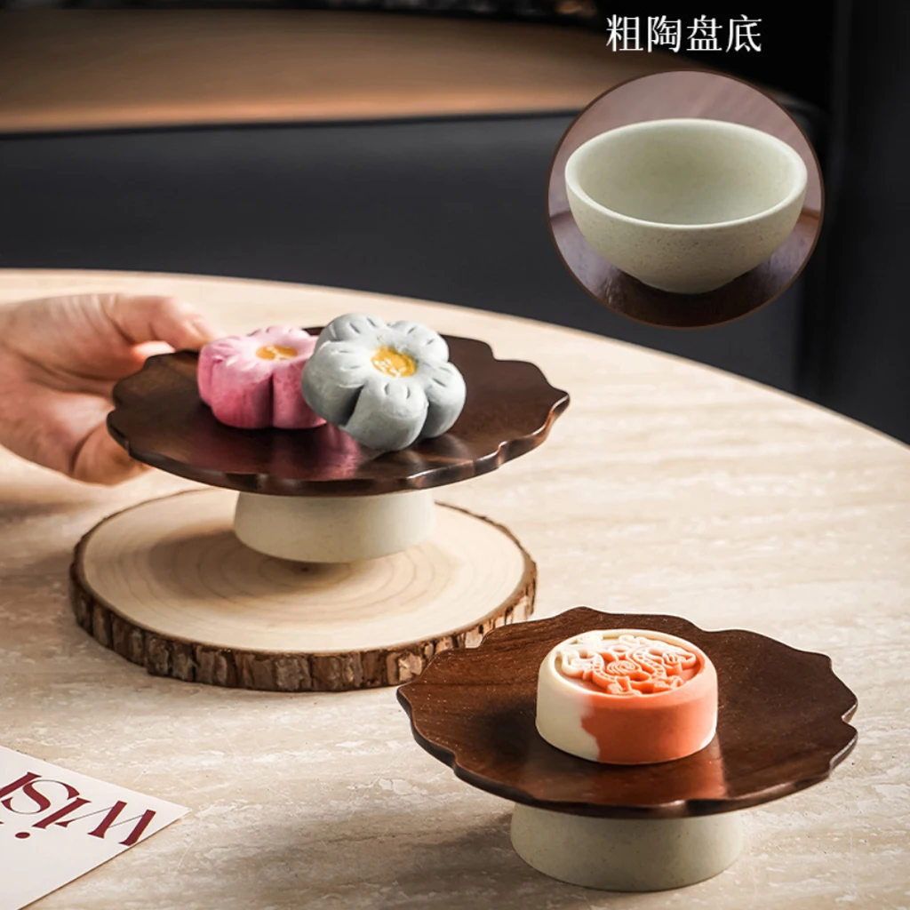 Rough Ceramic Base with Wavy Wooden Base of Ceramic Storage Tank Retro Dessert Cake Display Rack Fruit Dessert Plate Decoration