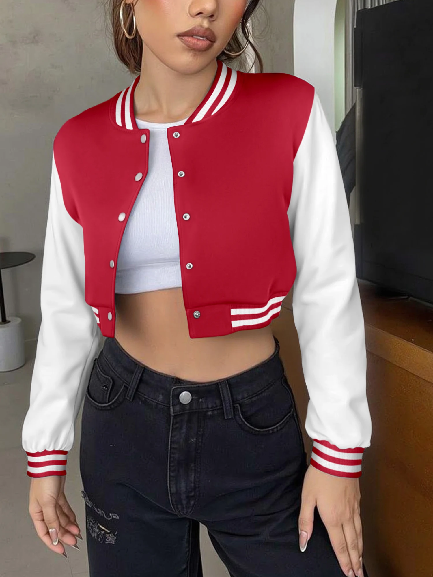 

Укороченная куртка-бомбер Y2K в стиле ретро с цветовыми блоками для женщин, на пуговицах, с полосатой отделкой, уличный стиль