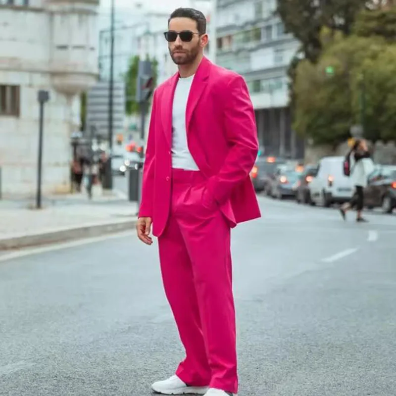 

Latest Design Fuchsia Men Suits 2 Piece Groom Party Wedding Notched Lapel Terno Masculino Tuxedos Costume Homme Male Blazer Sets