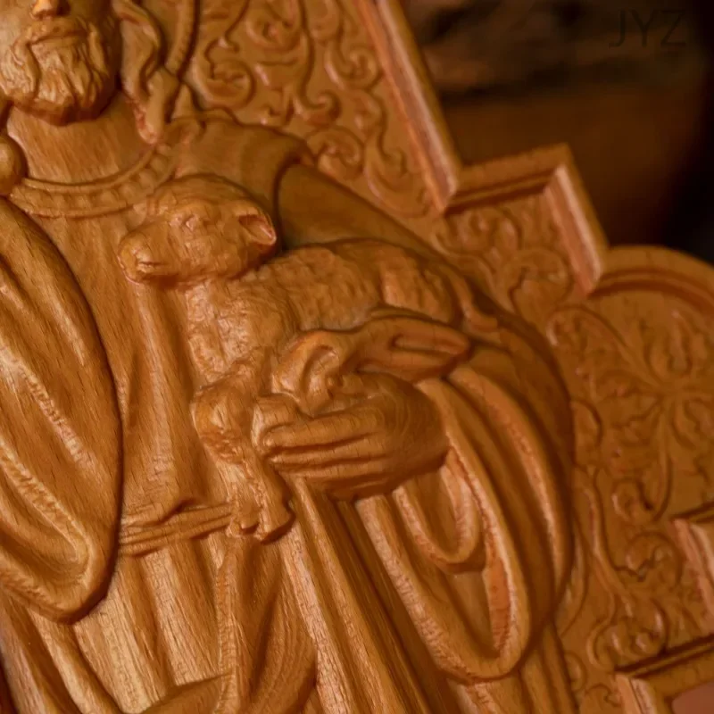 Vintage Religious Holy Catholic Saint Jesus Statue of Good Shepherd Wood Plaque Carved Wall Art Decor