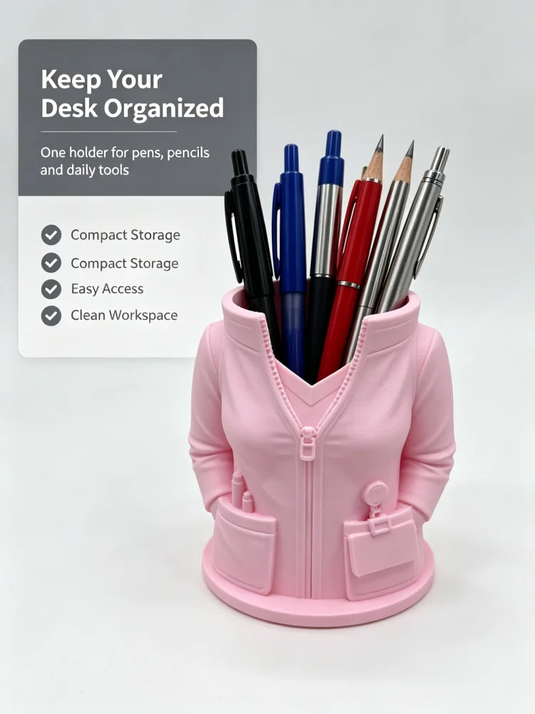 Cute Girly Pink Nurse Uniform Pen Holder 3D Printed Scrub Uniform Design Desktop Storage Box Stethoscope Detail Zipper Pocket Design Matte Texture Medical Aesthetic Creative Desktop Organizer Stationery Storage Tube Makeup Brush Storage Cup Dual-Use Nurse Station Study Room Dormitory Desktop Decoration Organizer Gift for Nurse Best Friend Girl Birthday Nurse Week Graduation Medical Student Creative Gift
