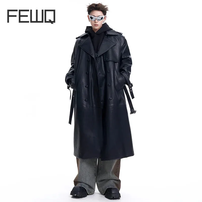 FEWQ Niche Design Men Trench Pu Leather Belt Three-dimensional Patchwork Overknee Double Breasted Long Male Windbreaker 24E2266