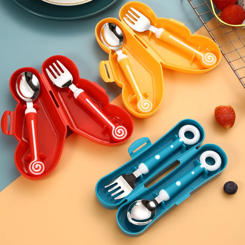 1Set Children Spoon Fork Set Silicone Grip Stainless Steel Head Learning Tableware Toddler Eating Training Flatware Feeding