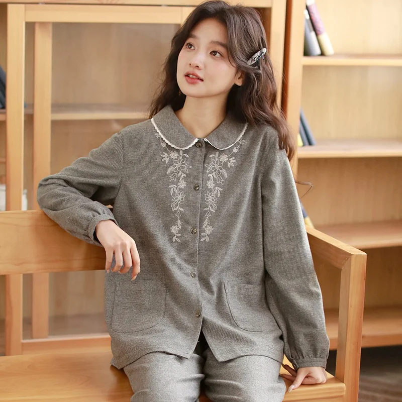 autumn-winter-women's-pure-cotton-fleece-lined-embroidered-long-sleeve-long-pants-set-comfortable-home-wear-outerwear