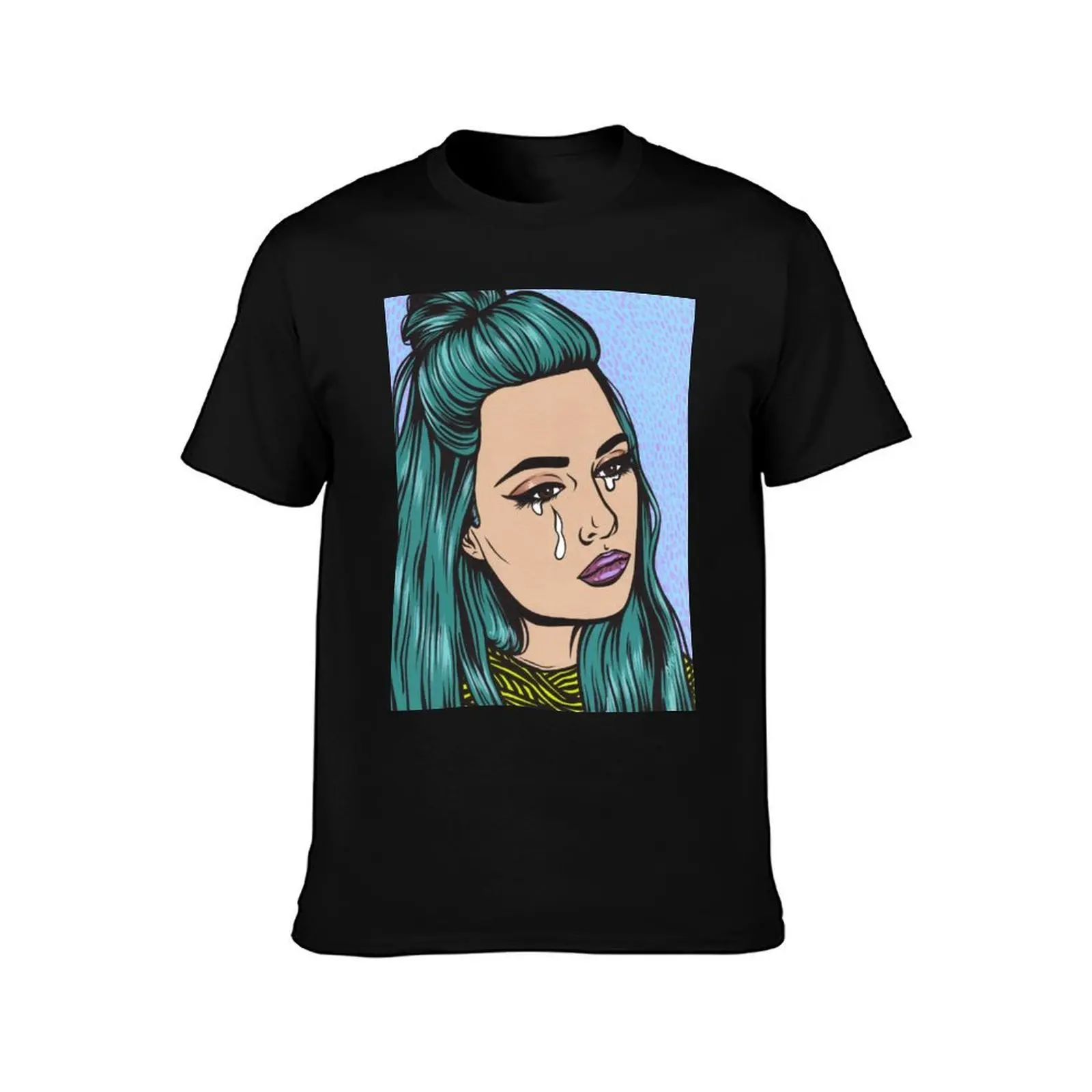 Teal Tears - Crying Comic Pop Art Girl T-Shirt, Summer Casual Cotton Tee, Oversized Streetwear Tops, Vintage Graphic Print