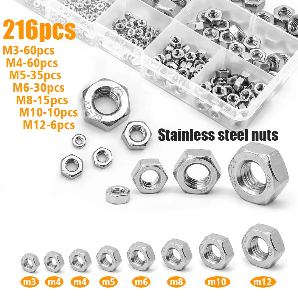 216-pecas-de-porcas-sextavadas-de-aco-inoxidavel-de-grau-a-tamanhos-m3-m4-m5-m6-m8-m10-m12