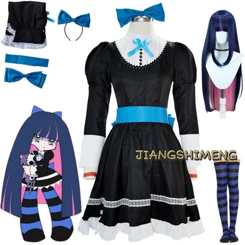 

Anime Panty & Stocking with Garterbelt Younger Sister Anarchy Stocking Cosplay Costume Gothic Maid Lolita Dress Wig Long Socks