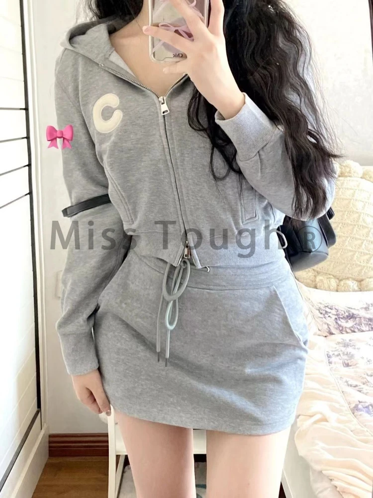 Winter Preppy Style Sweet New 2 Piece Set Women Korean Fashion Hooded Coat + Slim Mini Skirt Female Casual Sweatshirt Suit 2024