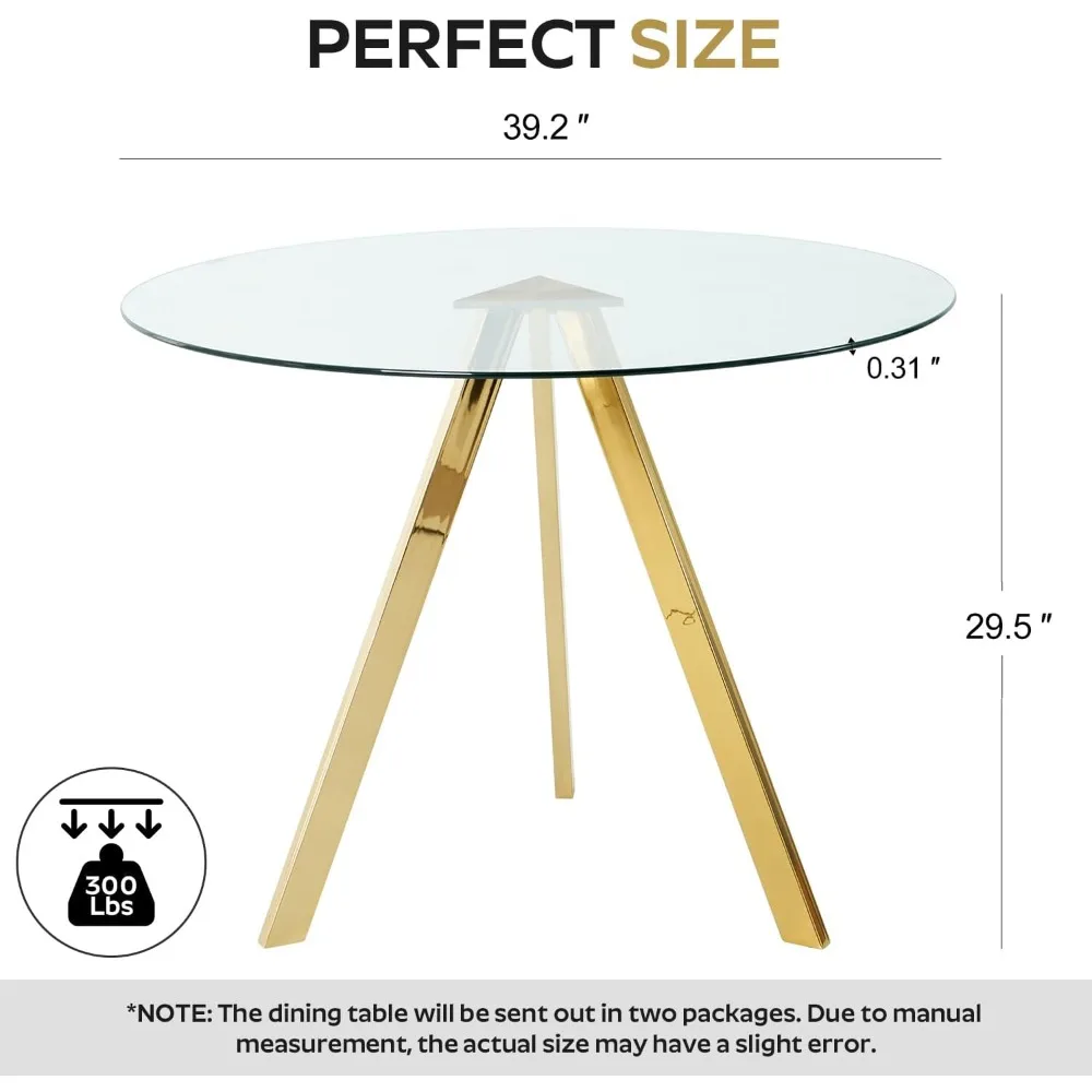 طاولة طعام مستديرة تتسع لـ 4، 39 بوصة، طاولة طعام زجاجية حديثة، طاولة قهوة ترفيهية، طاولة عشاء دائرية للمطبخ، مساحة توفير (ذهبي) #2