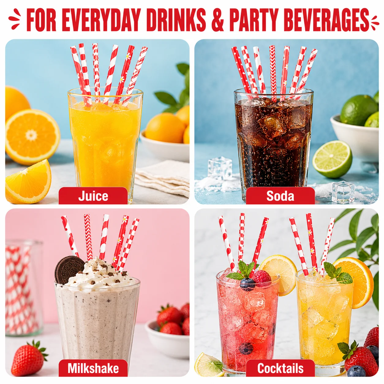 25pcs Red Patterned Paper Straws, Disposable Biodegradable Drinking Straws for Party