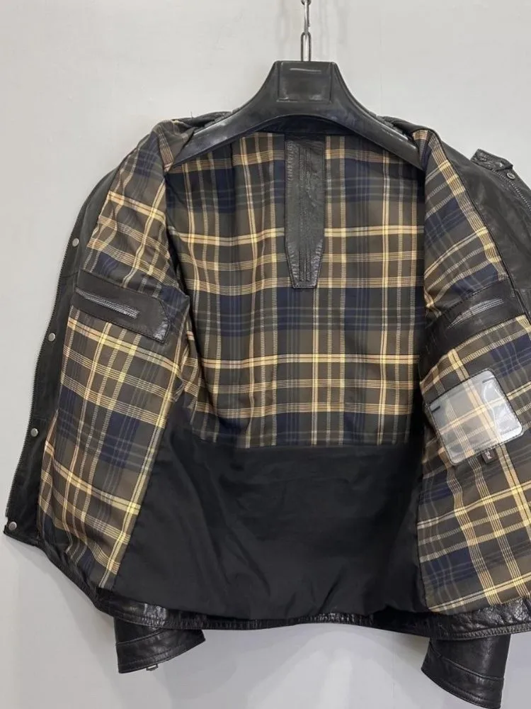 Retro Fashion Stand Collar Long Sleeves Genuine Leather Jacket Solid Color Zipper Button Loose Cowhide Male Motorcycle Coat - Image 4