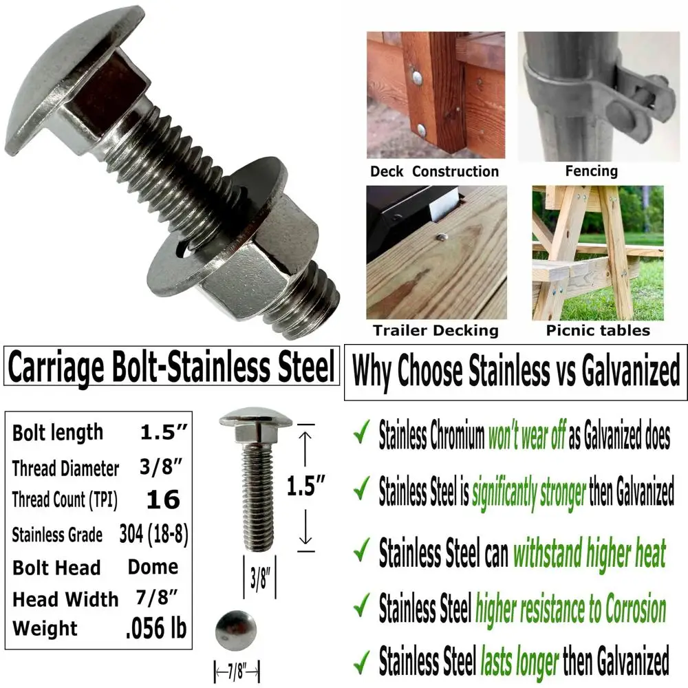 

Stainless Steel Carriage Bolts with Dome Head Nuts and Washers, 100 Pack, 3/8-16 x 1.5, 304 Grade, Suitable for Trailer Deck F I