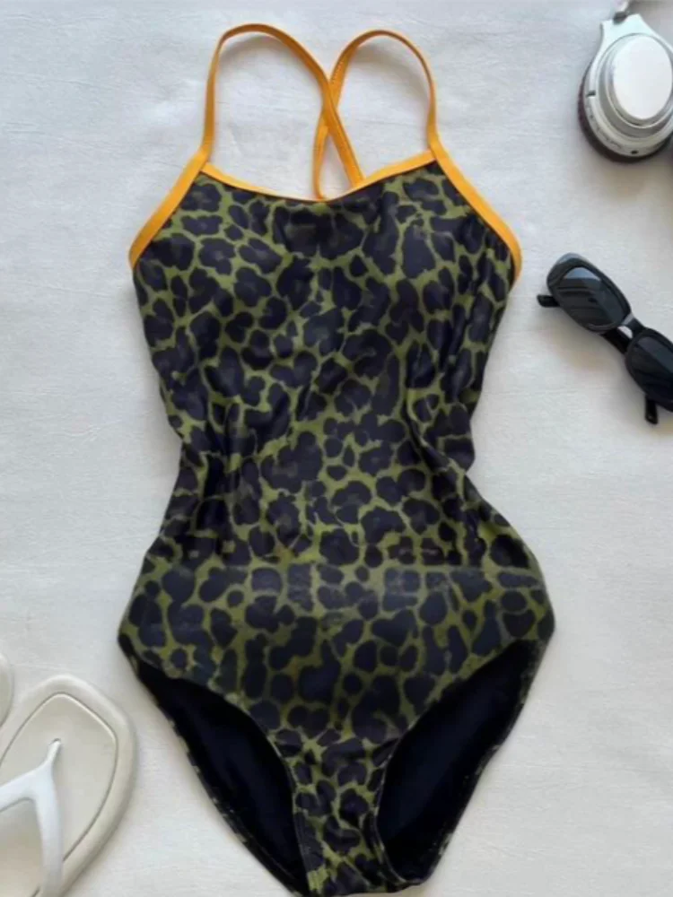 Fato de banho feminino feminino de corrida de uma peça com estampa de leopardo, estilo harajuku, estilo feminino, feminino, feminino, roupa de banho de uma peça