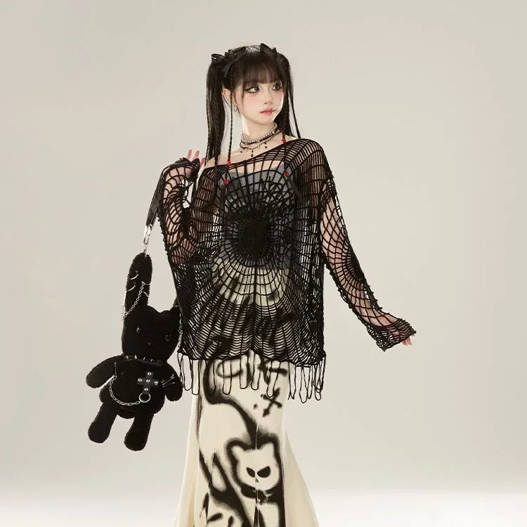 

Vintage Black Hollow Out Knitted Sweater 2025 Summer New Spider Web Hole Tops Women Y2k Off Shoulder Long Sleeve Pullovers