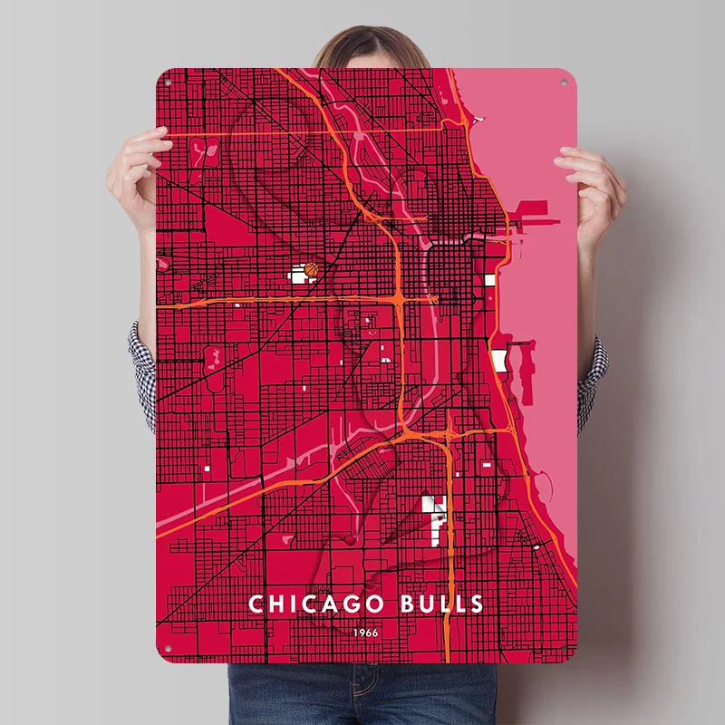 Póster impreso de Chicago Bulls United Cente, arte de pared personalizable, carteles de hojalata de Metal Retro Vintage para decoración de la habitación del hogar y juegos