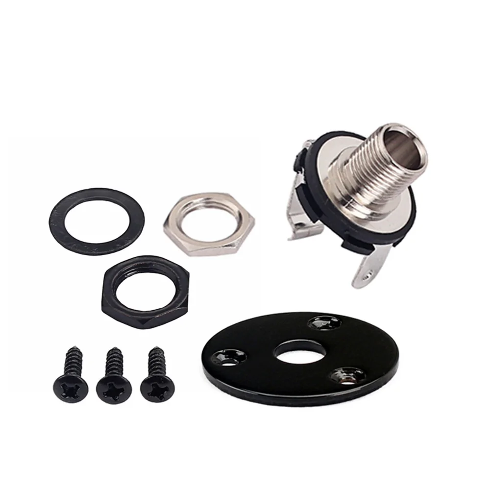 

Black 1/4 Inch 6.35Mm Guitar Output Jack Socket With Mounting Screws Round Plate For Electric Bass Acoustic Instruments