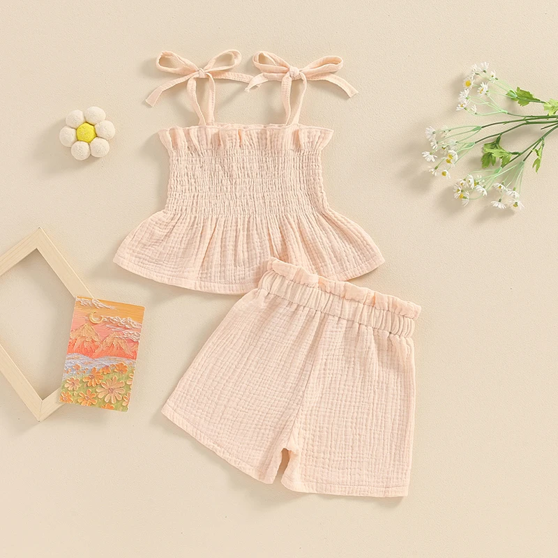 0-3Y Baby Girls Summer 2 Piece Solid Color Bandage Sleeveless Camisole Tops Elastic Shorts Set Fashion Cute Clothes Set