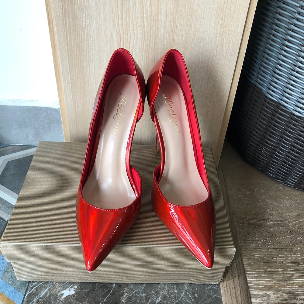 

Heelgoo Glossy Red Women Pointy Toe D'Orsay High Heels Wedding Bridal Shoes Gorgeous Slip On Stilettp Pumps Big Size 33 43 44 45