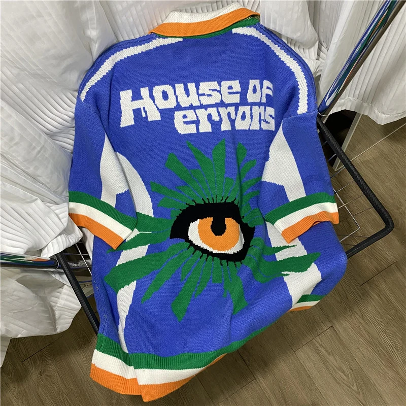 New HOUSE OF ERROR Football Suit Style Blue White Contrast Color Geometric Pattern Jacquard Polo Collar Man Short Sleeve Sweater