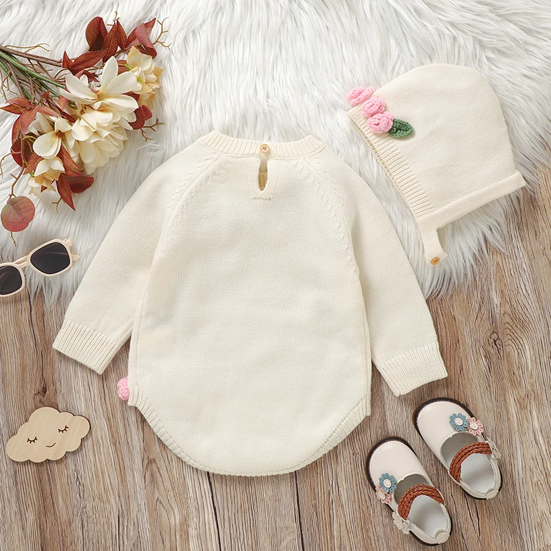 Newborn Baby Bodysuit Knit Girl Jumpsuit Outfits Long Sleeve Autumn Infant Kid Clothes Hat 2pcs 0-18M Fashion Cute 3D Floral Top