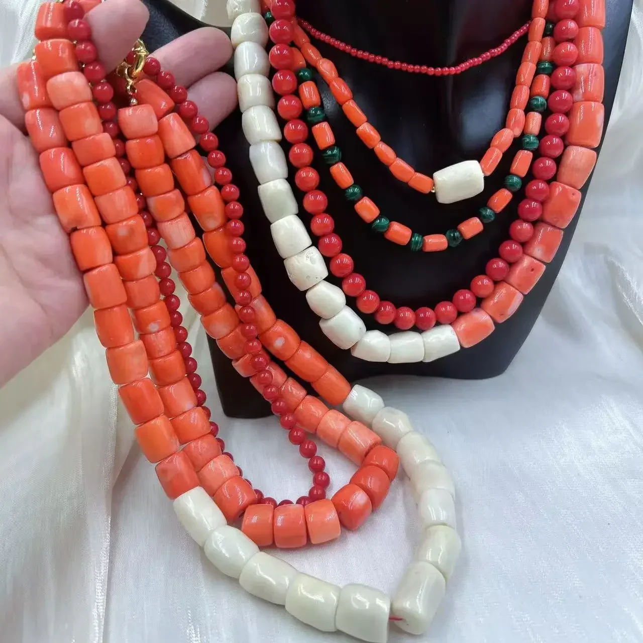 Orange Red Vintage Round Natural Sea Bamboo Coral Women Jewelry Short Collar Necklace 17-20inch view 3