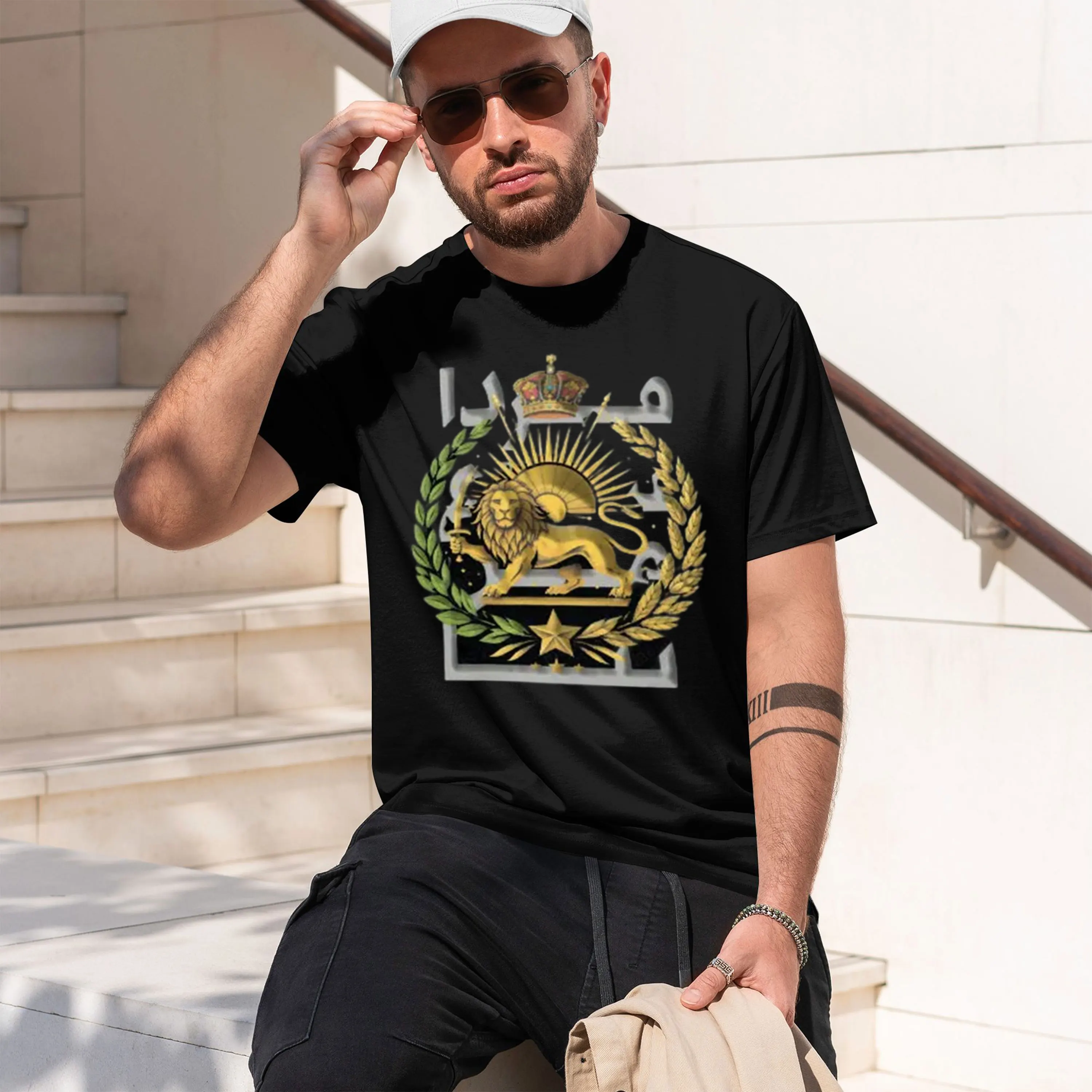 Persian Lion & Sun Laurel Wreath T-Shirt Women's Graph Tee with Vintage Perfect for Freem Supporters & Culture Lovers 2026 New M