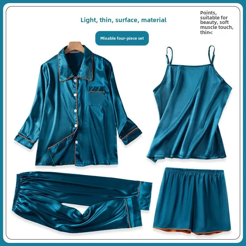 4 Pieces Pajamas Set for Women Sexy Lingerie Satin Sleepwear Silk Shorts Set Spring Summer Lapel Shirts Long Pants Pajamas Robe