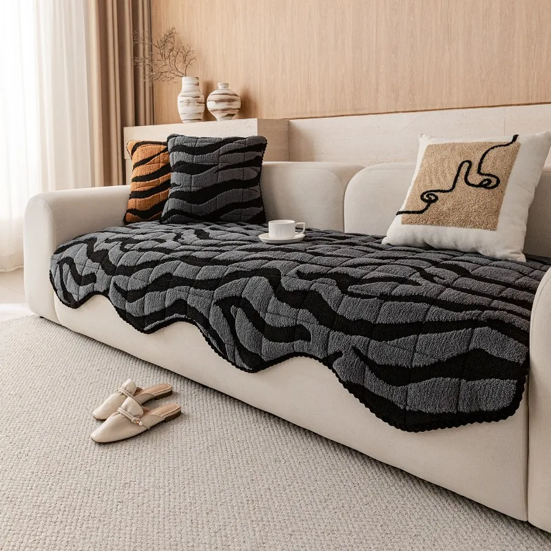 Irregular Edged Zebra Stripe Sofa Cushion Thick Plush Sofa Cover Integrated  Non-slip Mat Dustproof Living Room Decorations