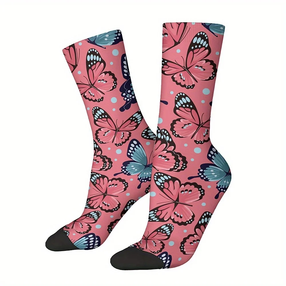 

1 Pair Men's Novelty Pink Butterfly Pattern Crew Socks - Comfortable, Breathable Polyester Blend with Spandex,