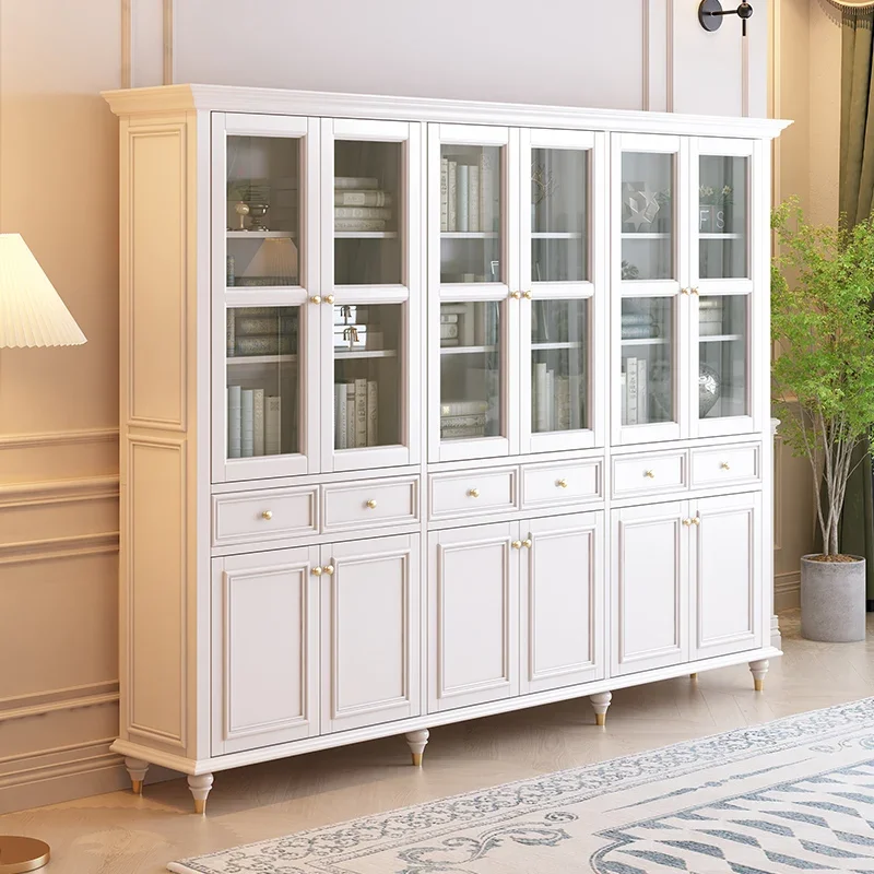 Y Light Luxury Ivory white Solid Wood Glass Book Dining Side Storage Cabinet