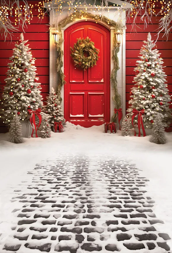 Mehofond Photography Background Winter Christmas Barn Wood Door Snow Xmas Tree Kids Family Portrait Decor Backdrop Photo Studio