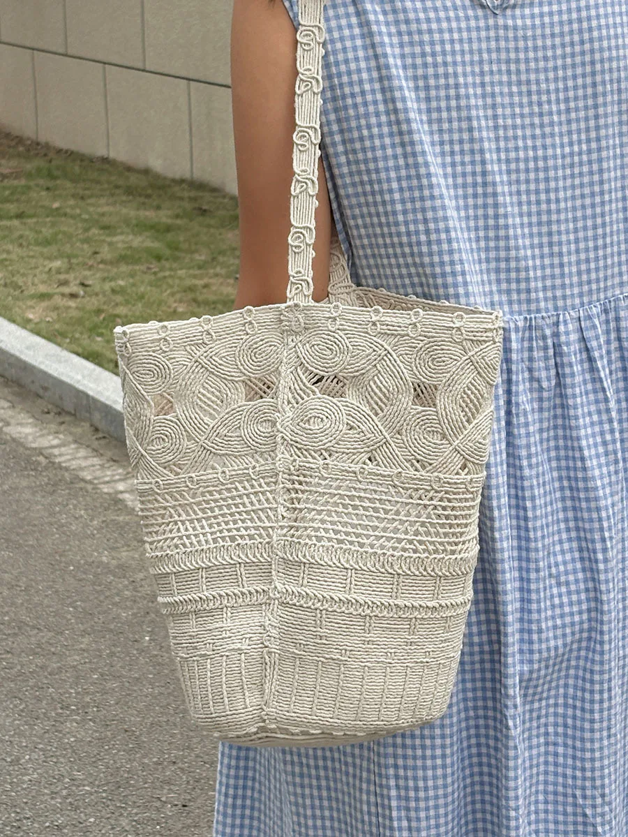 Gentle wind beige crochet woven tote bag hollow pattern loose atmosphere vegetable basket bag handbag