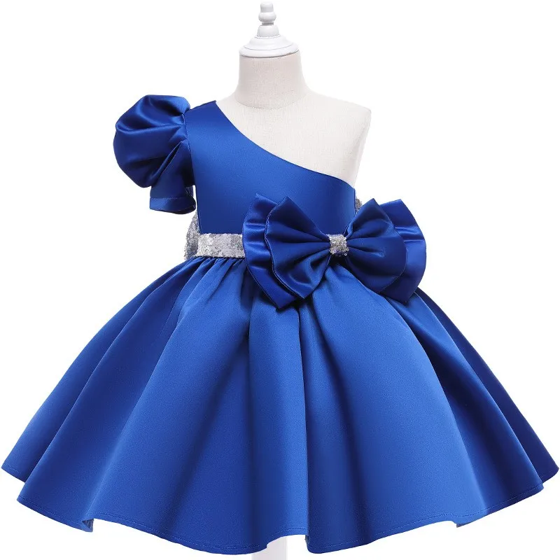 Oblique Shoulder Big Bow Girl Dress Kids Toddler Baby Gown Girls Princess 1 Year Birthday Wedding Bridesmaid Evening Party Dress