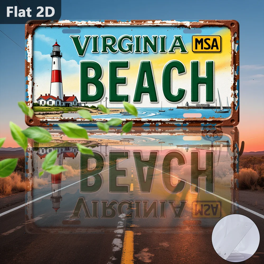 1pc 2D Flat Vintage Sign, Outdoor Plaque & Wall Decor, Virginia Beach Coastal Scene,Ideal for Home Decor, Coffee Shop, Bar