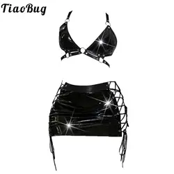 Women's 2Pcs Patent Leather Outfits Halter Neck Backless Bra Crop Tops with Bodycon Skirts Club Wear Rave Dance Party Dresses