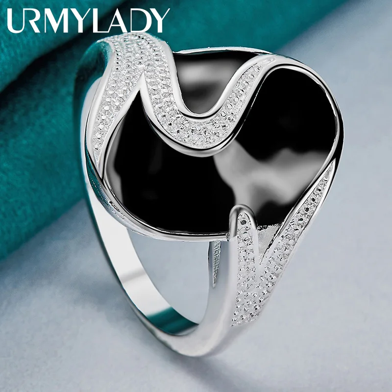 

URMYLADY 925 Sterling Silver Round Obsidian 7-10# Ring For Women Wedding Charm Engagement Fashion Jewelry