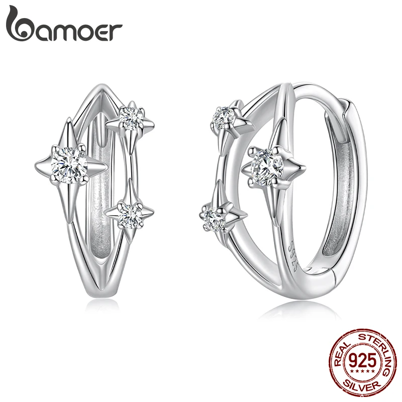 

Bamoer Zircon Star Hoop Earrings Pure 925 Sterling Silver Unique Stars Design Earrings Women Fine Jewelry