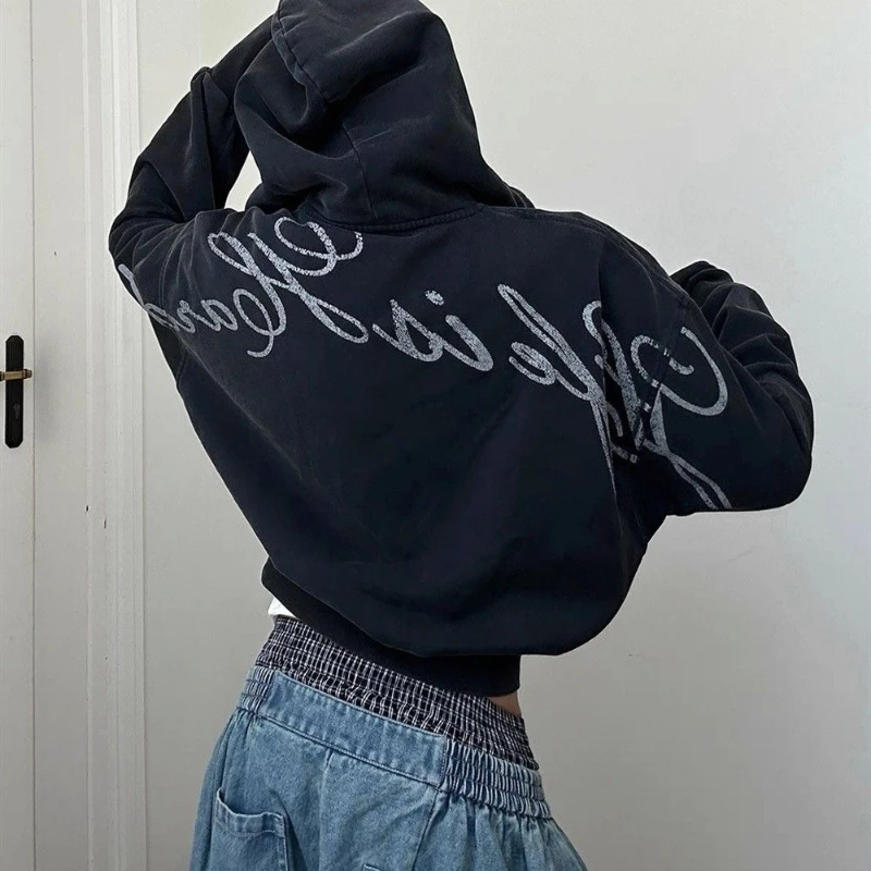 

Y2k Vintage Long Sleeve Hooded Jacket Women Casual American Punk Style Letter Print Coat Streetwear Zipper Slim 2025 Autumn