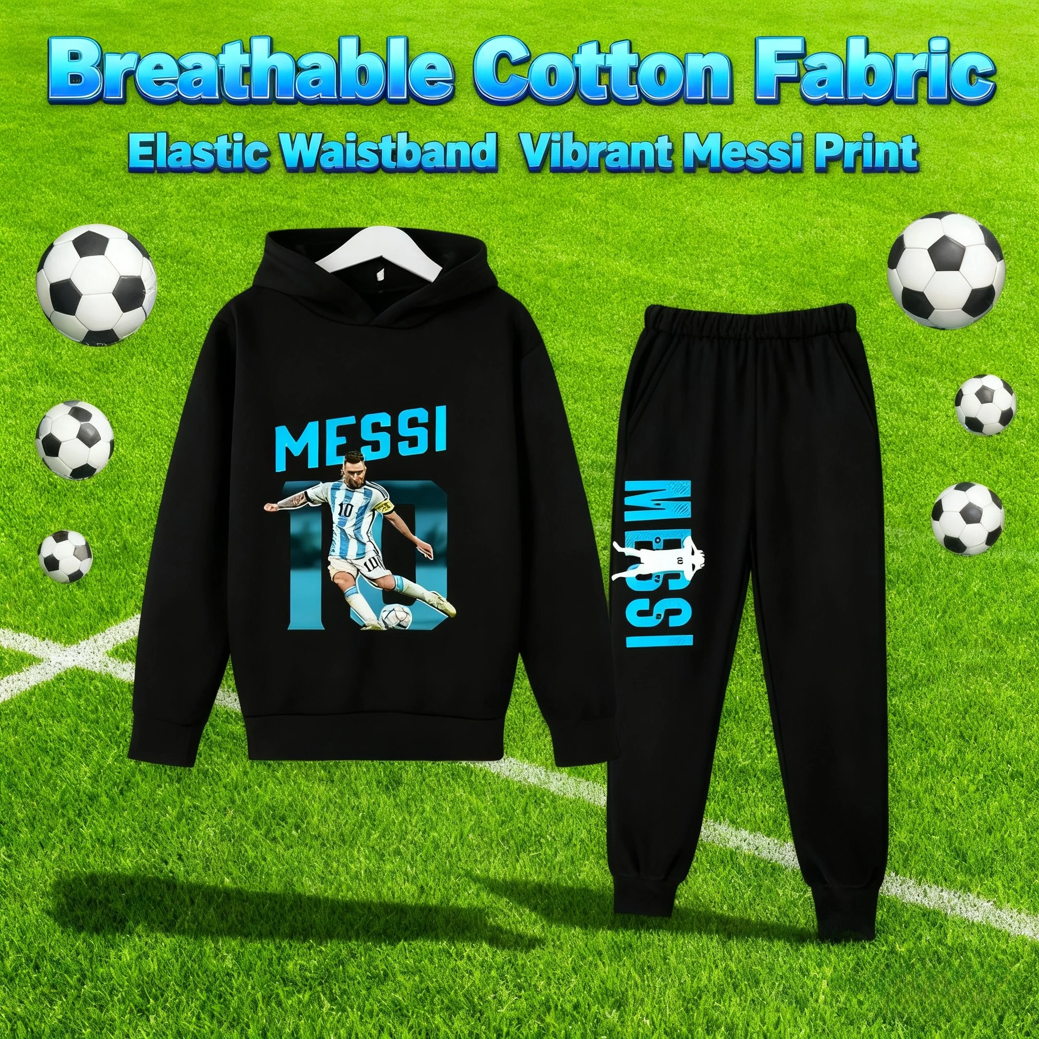 Messi Avatar Printed Children's Clothing Autumn/Winter Hoodie Pants Two Piece Set Casual Boys' Warm Set Girls' Fashion Loose Top