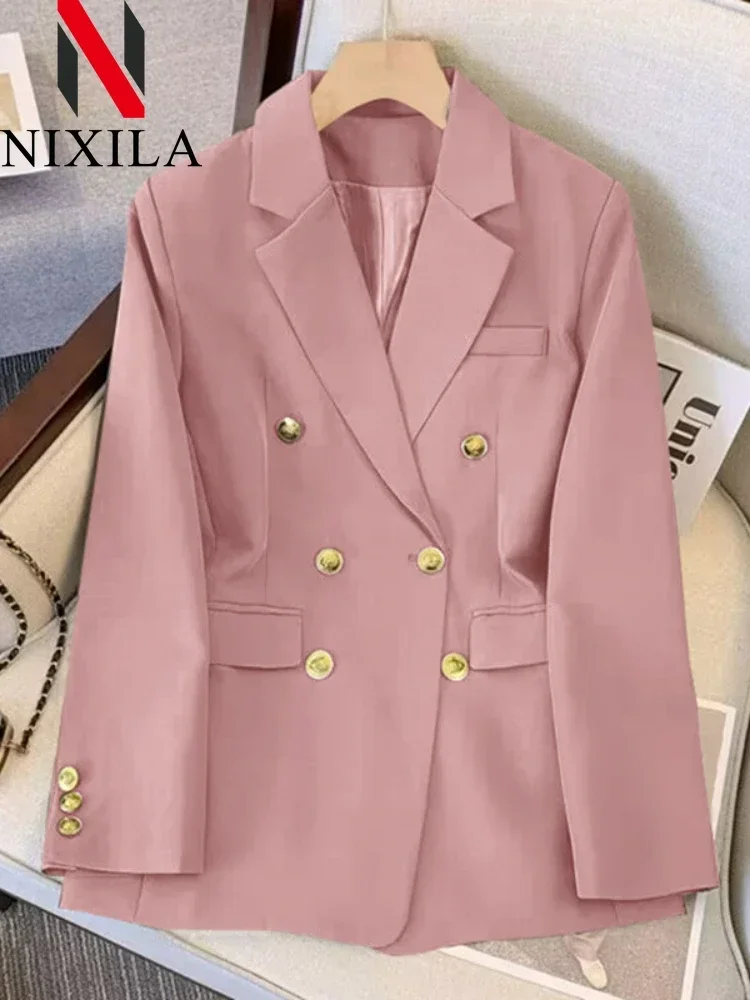 Spring Autumn Women Chic Office Lady Double Breasted Blazer Vintage Coat Fashion Collar Long Sleeve Ladies Outerwear Stylish Top