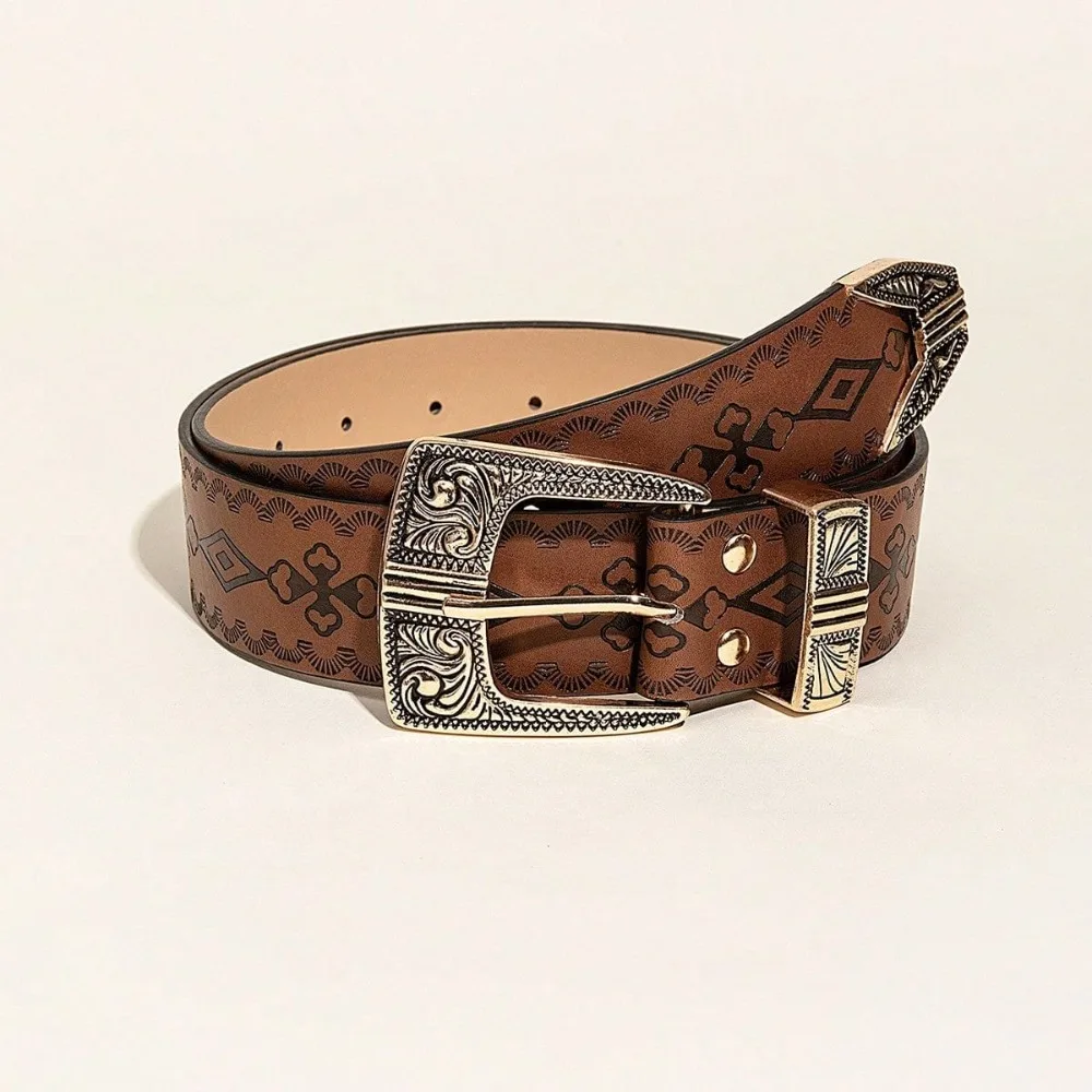 1 Piece Western Style Retro Patterned PU Belt, Simple, Practical and Multifunctional