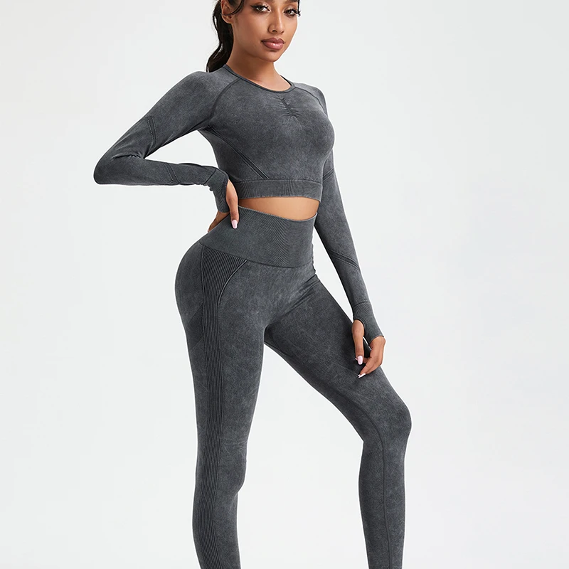 NORMOV Wash Yoga Sets Women Seamless Sports Set High Waist Gym Leggings Sportwear Push Up Fenale Workout Sets Fitness Suit