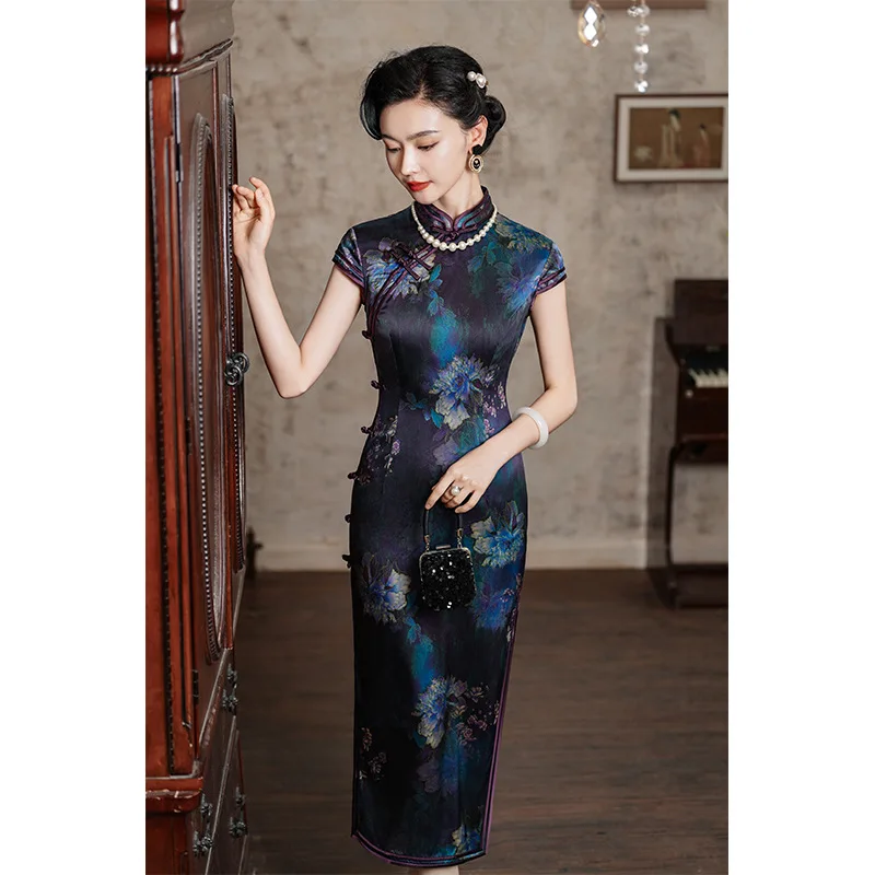 High Quality 2024 Summer Real Silk Purple Cheongsam Chinese Women's High-End Temperament Retro Suzhou Improved Cheongsam Long