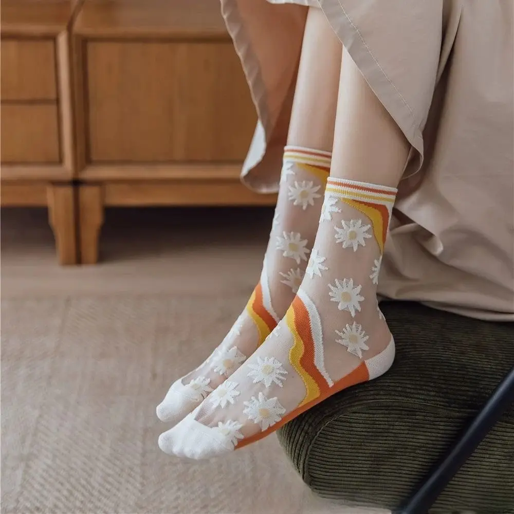 

5Pairs Mesh Transparent Flower Socks Ins Style Glass Silk Tulle Mid Tube Socks Female Hosiery Breathable Sweet Socks Women Girl